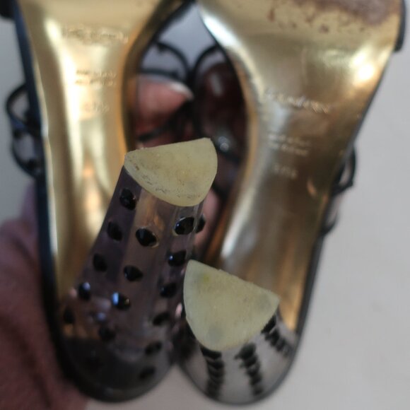 Authentic Yves Saint Laurent Ruched Leather Lucite Gem Strappy Heels 37.5 US/7.5 - Picture 10 of 12